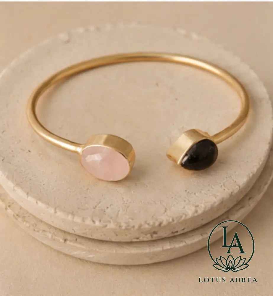 18K Gold-Plated Rose Quartz & Black Onyx Gemstone Bangle - Bangle