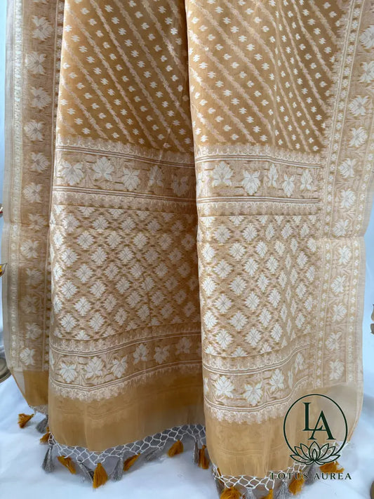 Golden Beige Handwoven Banarasi Cotton Jamdani Saree - Jamdani Saree