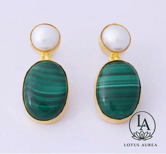 Handmade Pearl & Malachite Dangle Earrings - Earrings