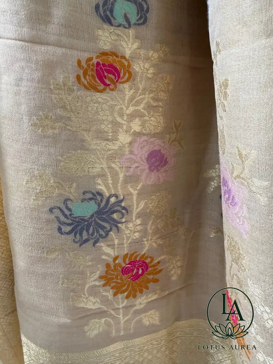 Ivory Gold Banarasi Tussar Georgette with Meenakari work - Banarasi Tussar Silk Saree