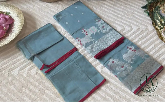 Light blue Chanderi Pattu silk saree with Pichwaii boarder - Chanderi Pattu Sarees
