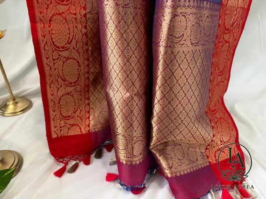 Periwinkle Blue with Crimson Red Border Handwoven Banarasi Tissue Silk Saree with Rich Zari Border and Grand Pallu