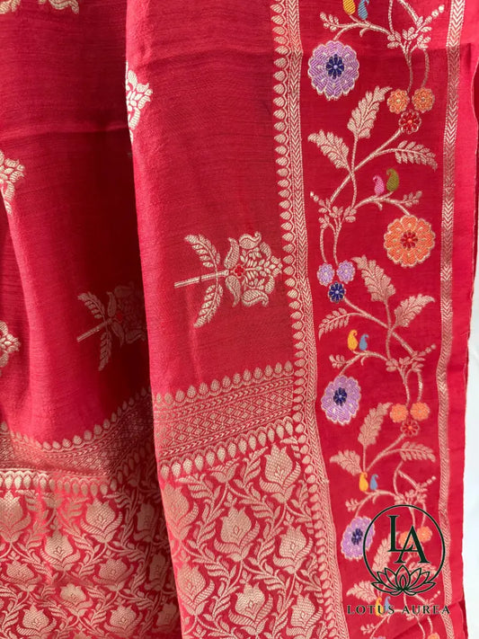 Raspberry Red Handwoven Banarasi Moonga Silk Saree with Zari and Meenakari Work - Banarasi Moonga Silk Saree