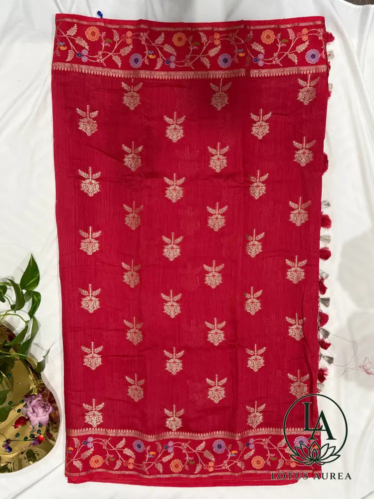 Raspberry Red Handwoven Banarasi Moonga Silk Saree with Zari and Meenakari Work - Banarasi Moonga Silk Saree