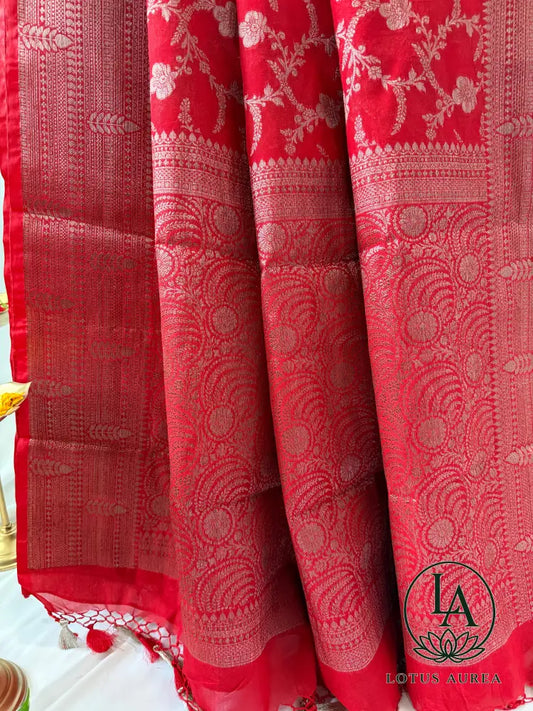 Red Handwoven Banarasi Kota Silk Saree - Banarasi Kota Saree