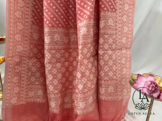 Soft Blush Pink Handwoven Banarasi Cotton Jamdani Saree - Jamdani Saree