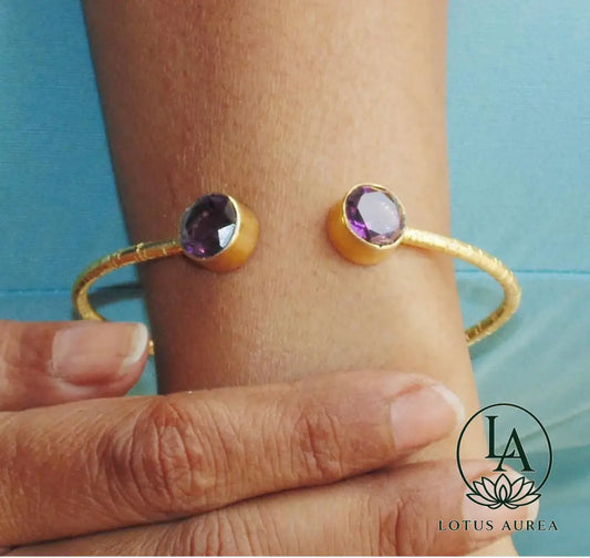18K Gold-Plated Amethyst Hammered Bangle - Bangle