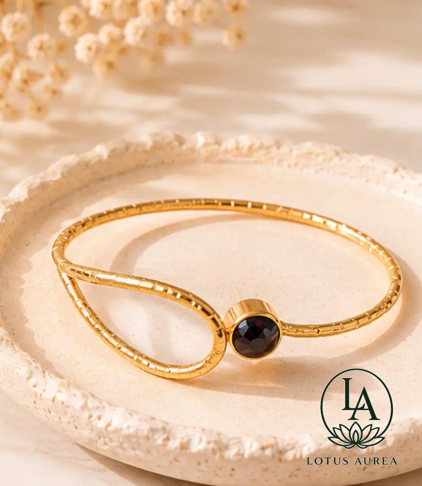 18K Gold-Plated Black Onyx Gemstone Bangle - Bangle