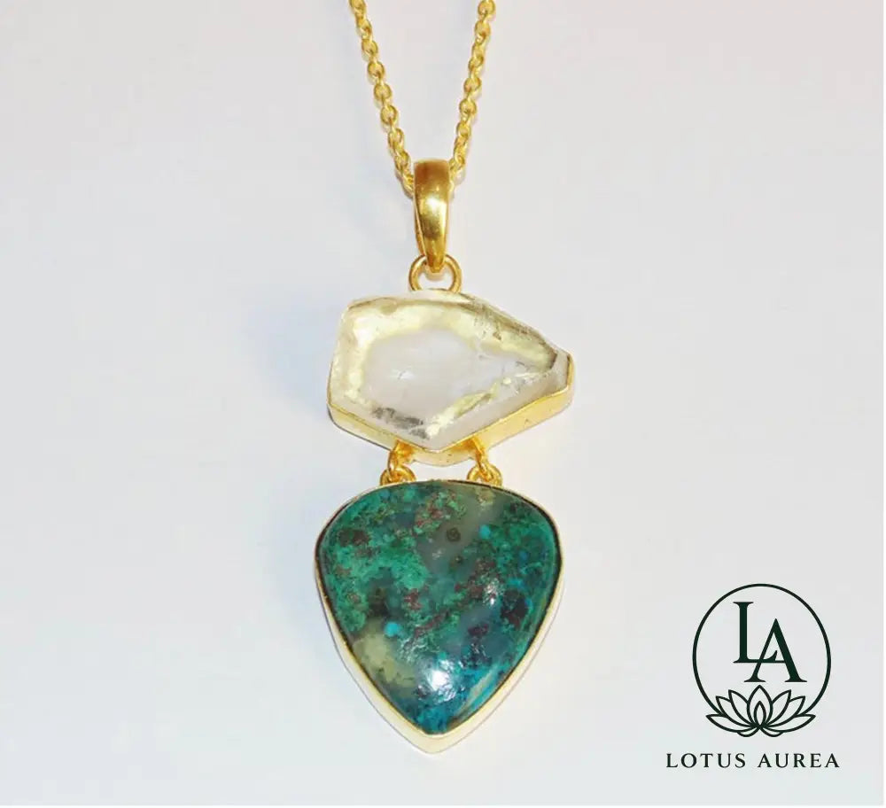 18K Gold-Plated Crystal Quartz & Malachite Pendant - Pendant