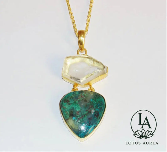 18K Gold-Plated Crystal Quartz & Malachite Pendant - Pendant