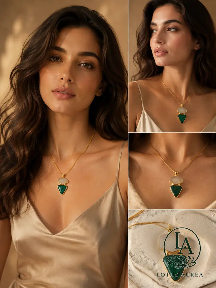 18K Gold-Plated Crystal Quartz & Malachite Pendant - Pendant