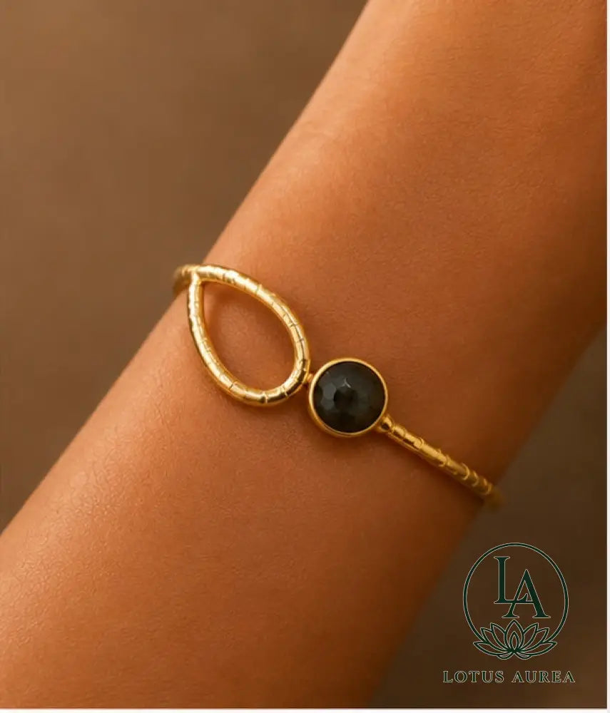 18K Gold-Plated Labradorite Bezel-Set Adjustable Bangle - Bangle