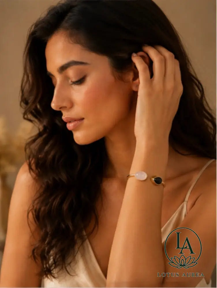 18K Gold-Plated Rose Quartz & Black Onyx Gemstone Bangle - Bangle