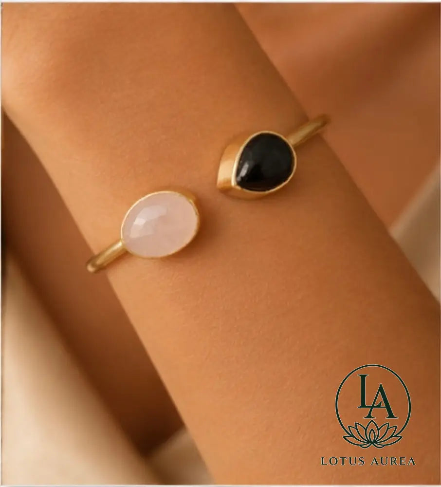 18K Gold-Plated Rose Quartz & Black Onyx Gemstone Bangle - Bangle