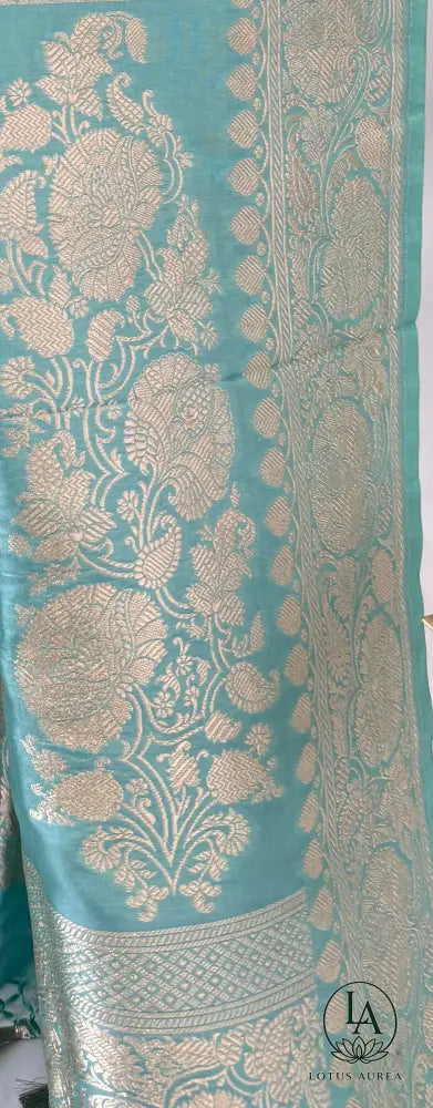 Aqua Blue, Handwoven Banarasi Rangkat Silk Saree with Meenakari Weaving - Banarasi Rankat Saree