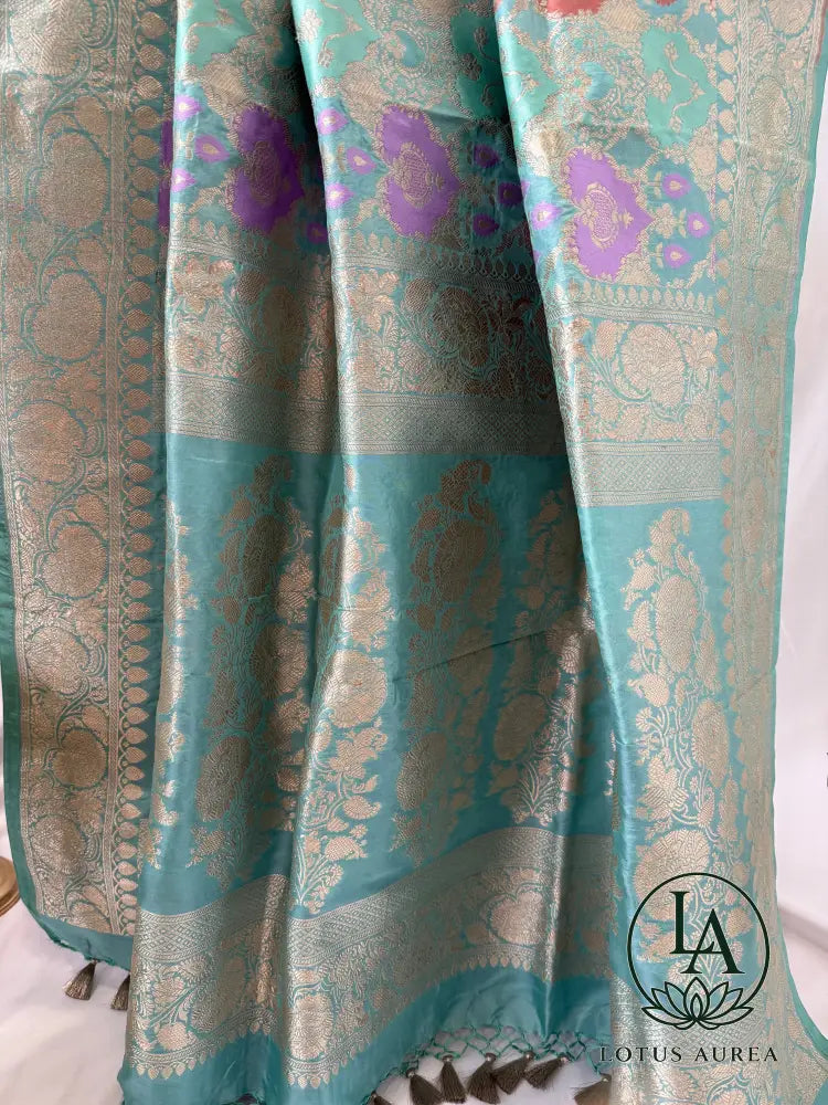 Aqua Blue, Handwoven Banarasi Rangkat Silk Saree with Meenakari Weaving - Banarasi Rankat Saree