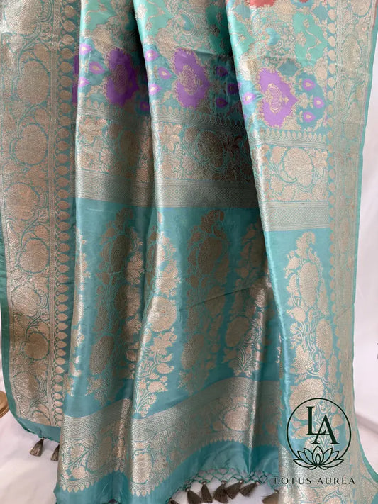 Aqua Blue, Handwoven Banarasi Rangkat Silk Saree with Meenakari Weaving - Banarasi Rankat Saree