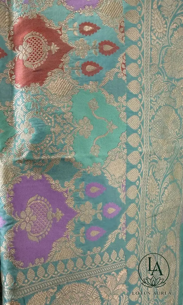 Aqua Blue, Handwoven Banarasi Rangkat Silk Saree with Meenakari Weaving - Banarasi Rankat Saree