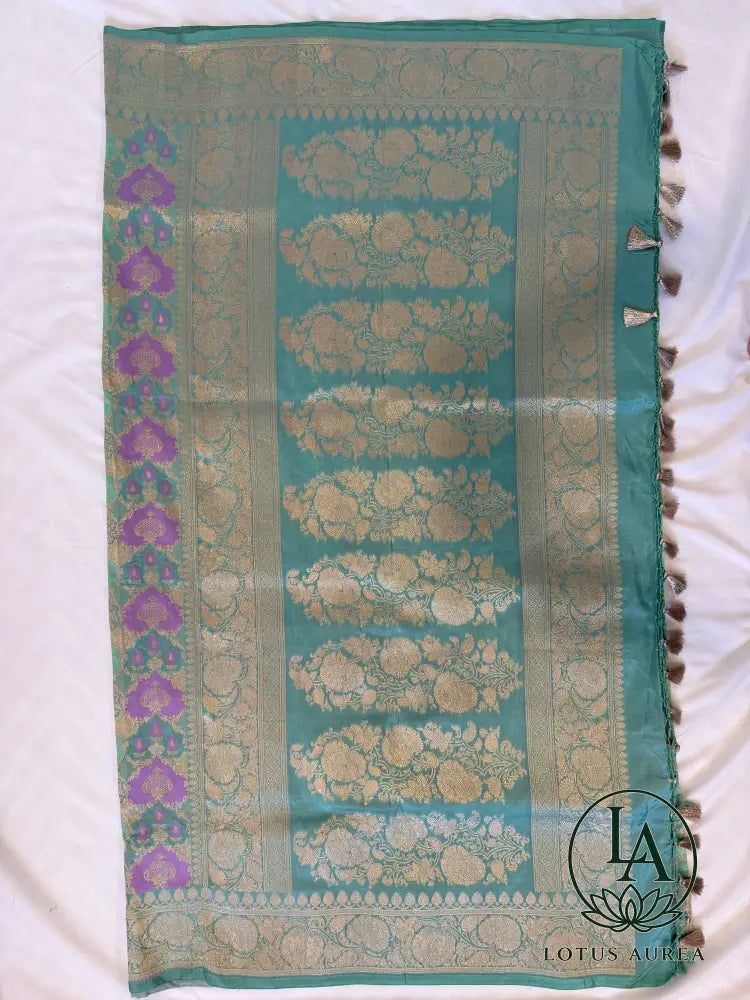 Aqua Blue, Handwoven Banarasi Rangkat Silk Saree with Meenakari Weaving - Banarasi Rankat Saree