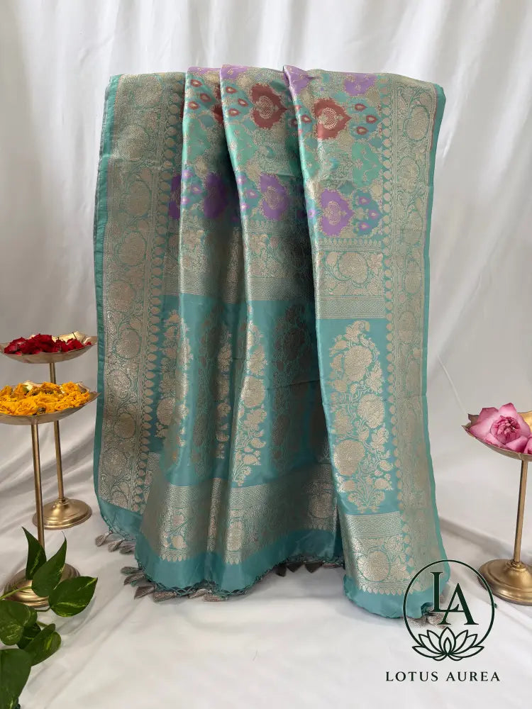 Aqua Blue, Handwoven Banarasi Rangkat Silk Saree with Meenakari Weaving - Banarasi Rankat Saree