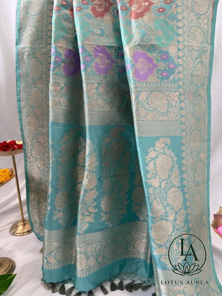 Aqua Blue, Handwoven Banarasi Rangkat Silk Saree with Meenakari Weaving - Banarasi Rankat Saree