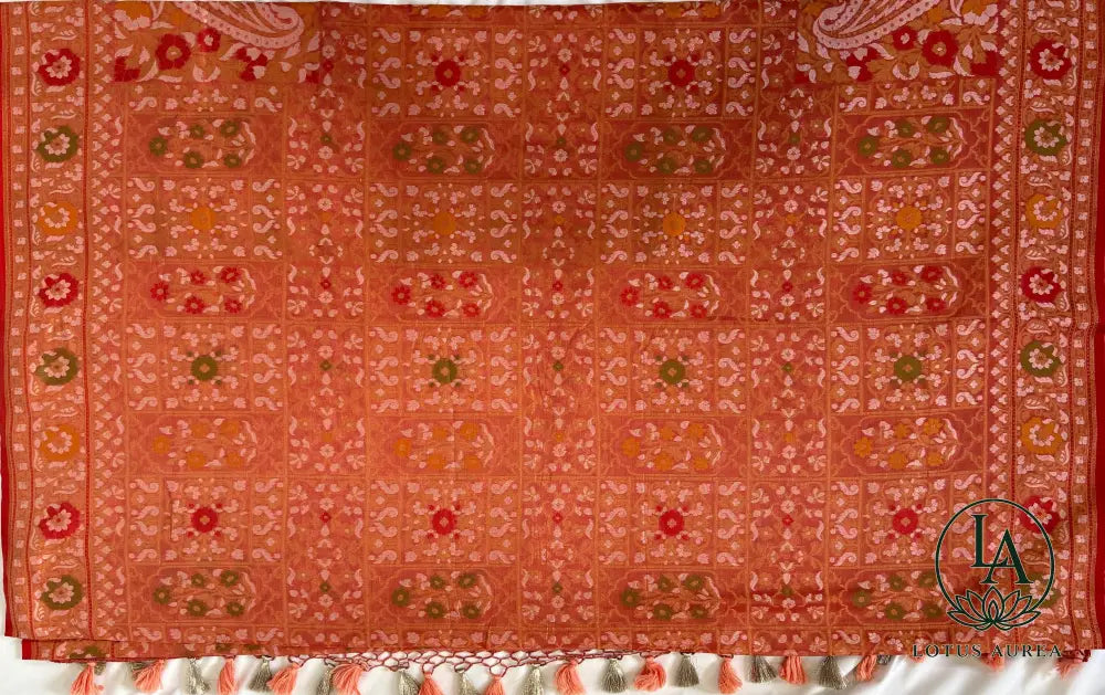 Coral Rose Handwoven Banarasi Jamdani Fine Cotton Saree - Jamdani Saree