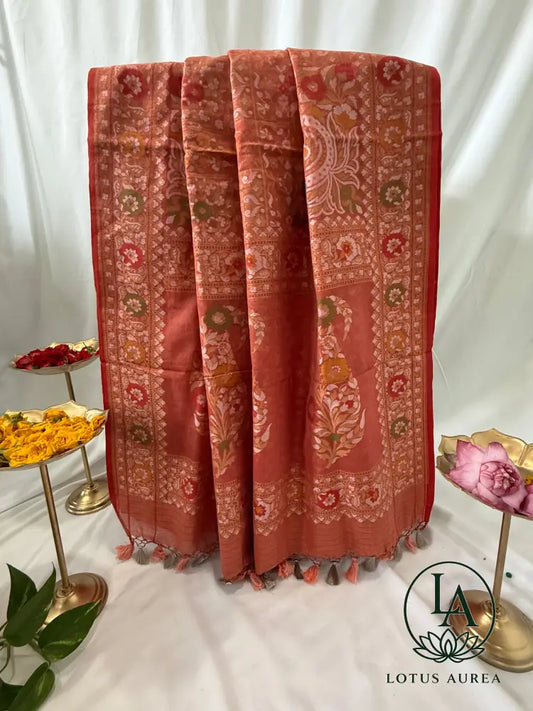 Coral Rose Handwoven Banarasi Jamdani Fine Cotton Saree - Jamdani Saree