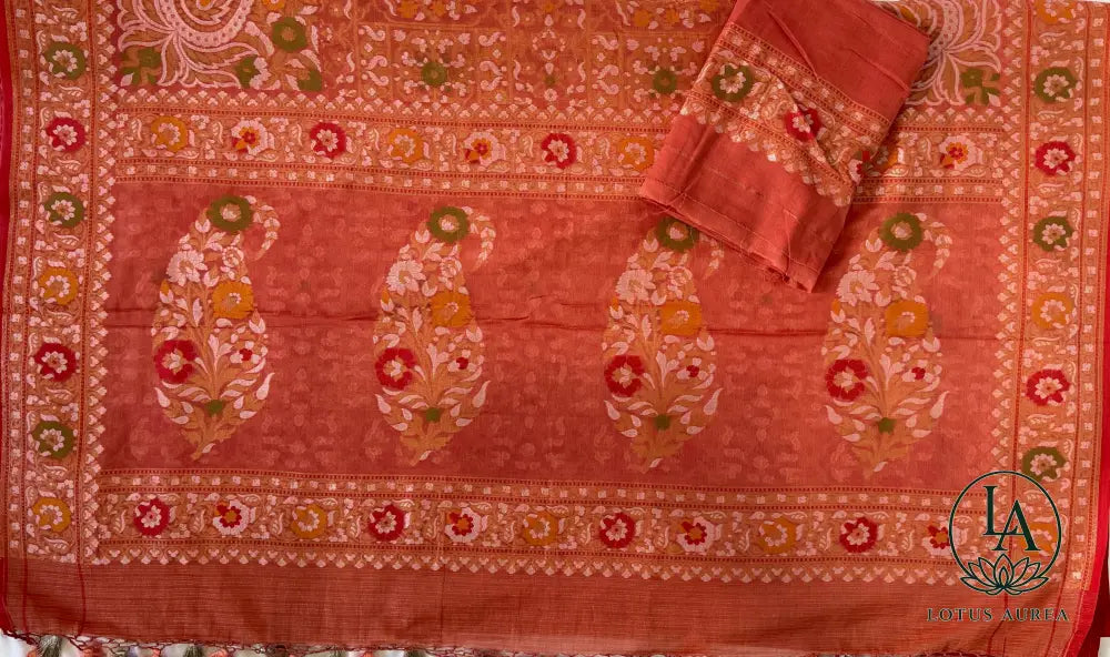 Coral Rose Handwoven Banarasi Jamdani Fine Cotton Saree - Jamdani Saree