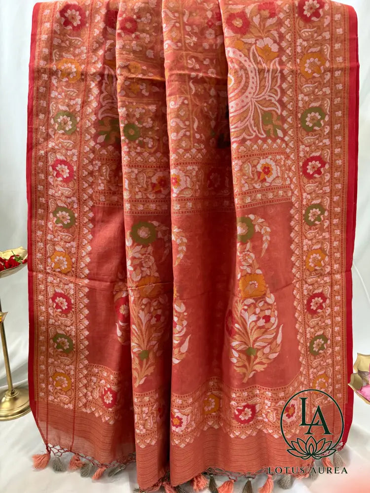 Coral Rose Handwoven Banarasi Jamdani Fine Cotton Saree - Jamdani Saree