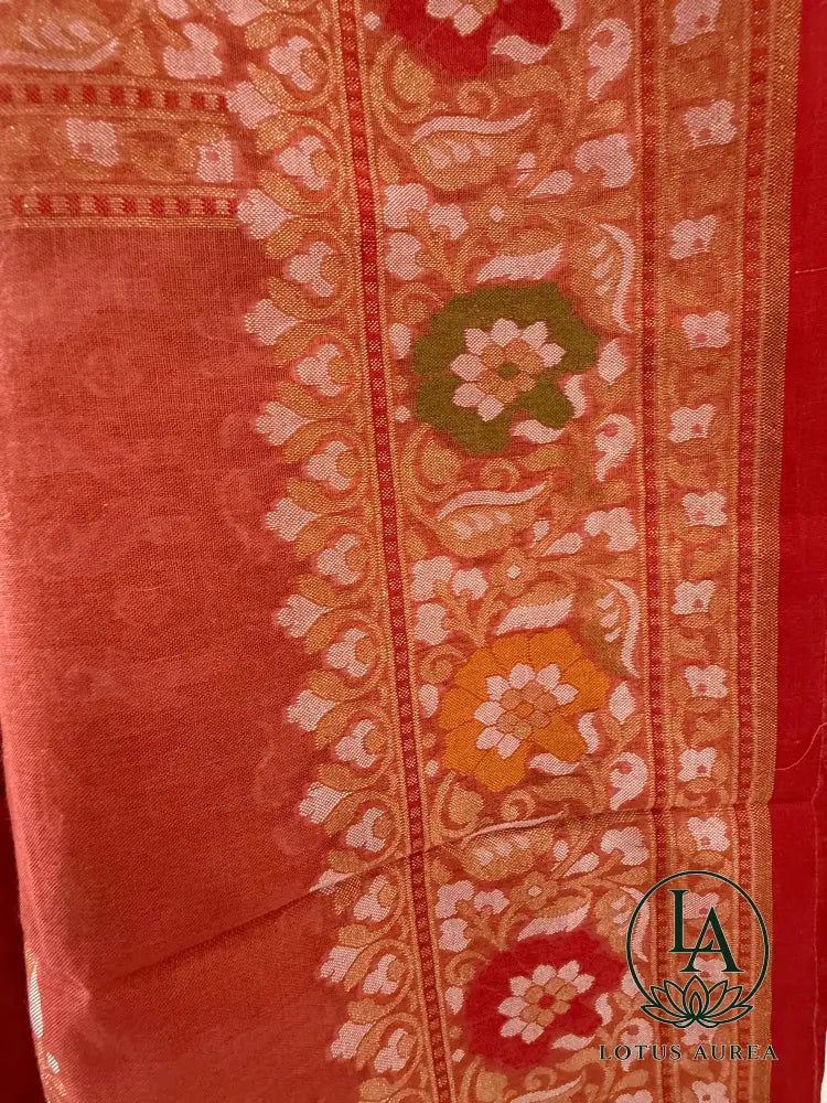 Coral Rose Handwoven Banarasi Jamdani Fine Cotton Saree - Jamdani Saree