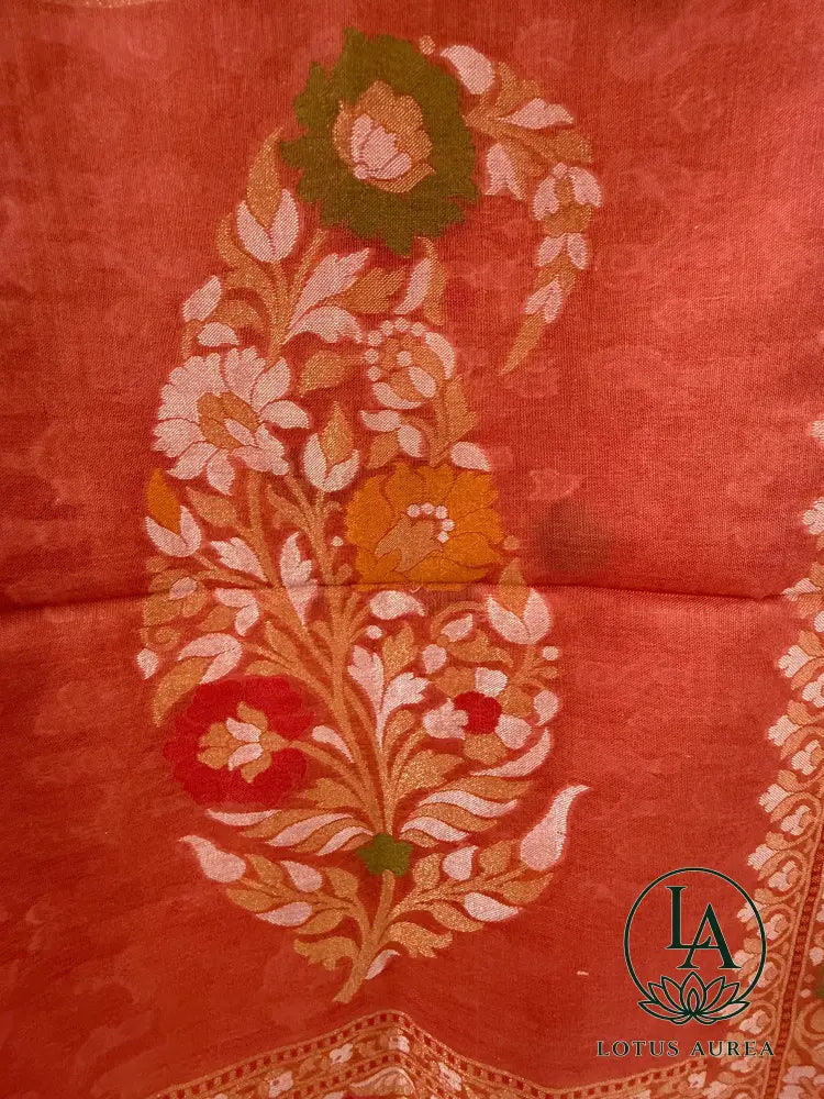 Coral Rose Handwoven Banarasi Jamdani Fine Cotton Saree - Jamdani Saree