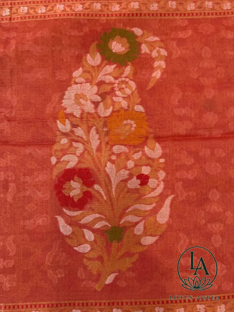 Coral Rose Handwoven Banarasi Jamdani Fine Cotton Saree - Jamdani Saree