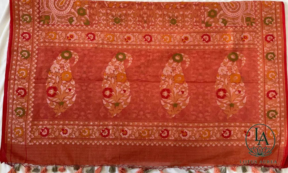 Coral Rose Handwoven Banarasi Jamdani Fine Cotton Saree - Jamdani Saree