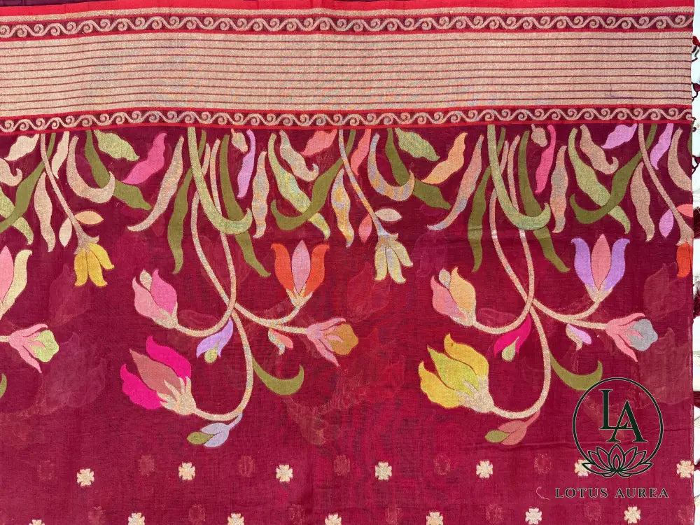 Crimson Blossom Handwoven Banarasi Cotton Jamdani Saree - Banarasi Moonga Silk Saree