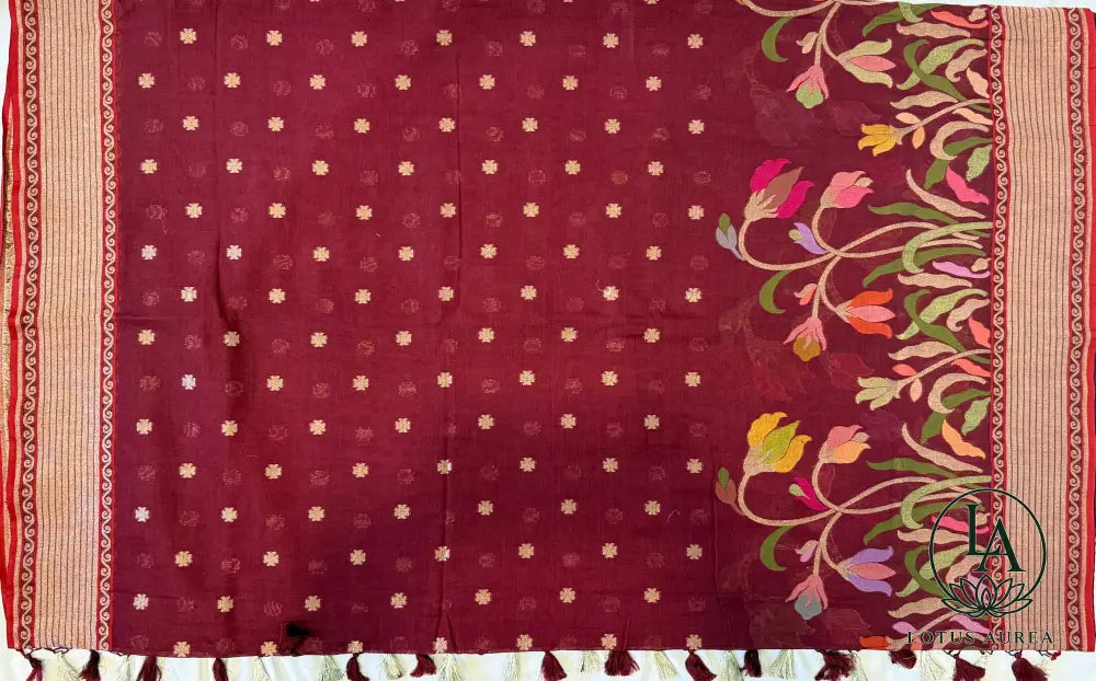 Crimson Blossom Handwoven Banarasi Cotton Jamdani Saree - Banarasi Moonga Silk Saree