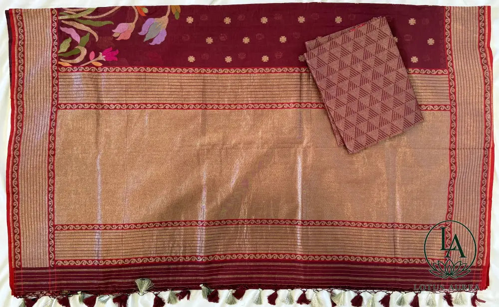 Crimson Blossom Handwoven Banarasi Cotton Jamdani Saree - Banarasi Moonga Silk Saree