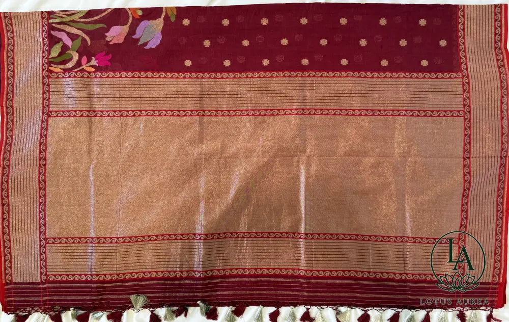 Crimson Blossom Handwoven Banarasi Cotton Jamdani Saree - Banarasi Moonga Silk Saree