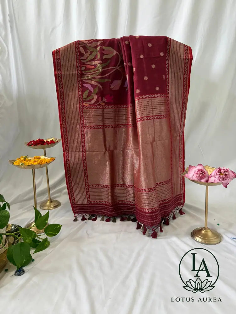 Crimson Blossom Handwoven Banarasi Cotton Jamdani Saree - Banarasi Moonga Silk Saree