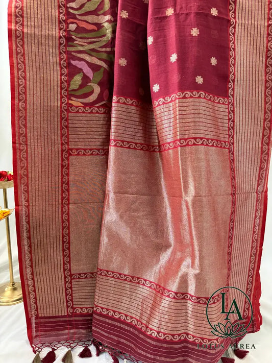 Crimson Blossom Handwoven Banarasi Cotton Jamdani Saree - Banarasi Moonga Silk Saree