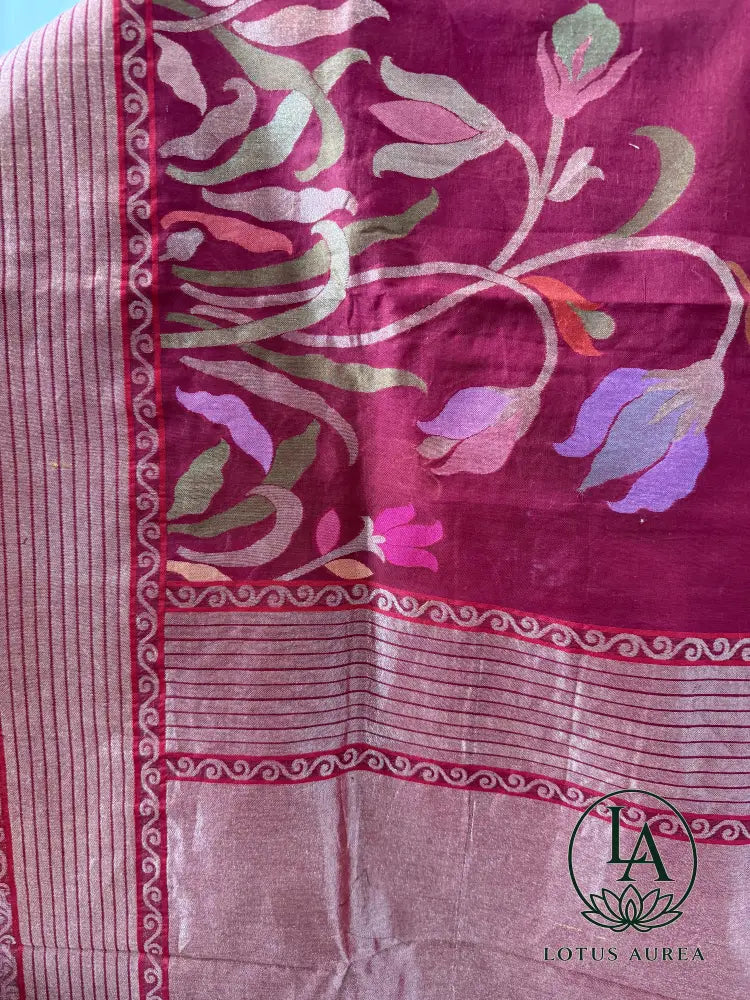 Crimson Blossom Handwoven Banarasi Cotton Jamdani Saree - Banarasi Moonga Silk Saree