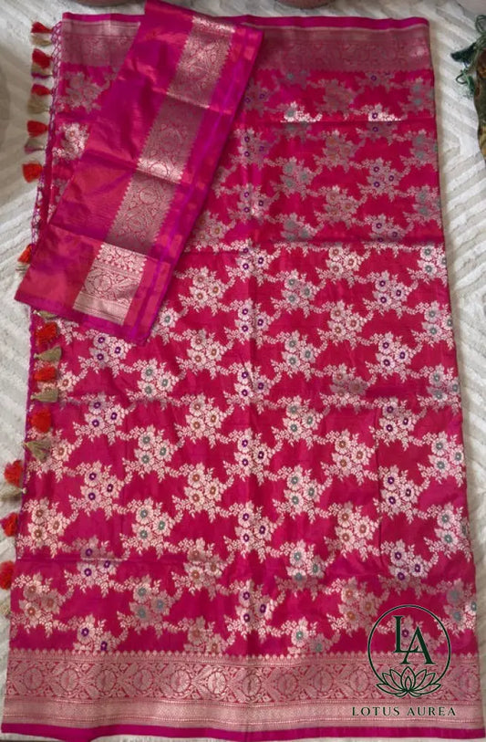 Crimson Empress – Handwoven Pure Banarasi Katan Silk Saree with Jangla Weave & Meenakari Work - Banarasi Jaal weave