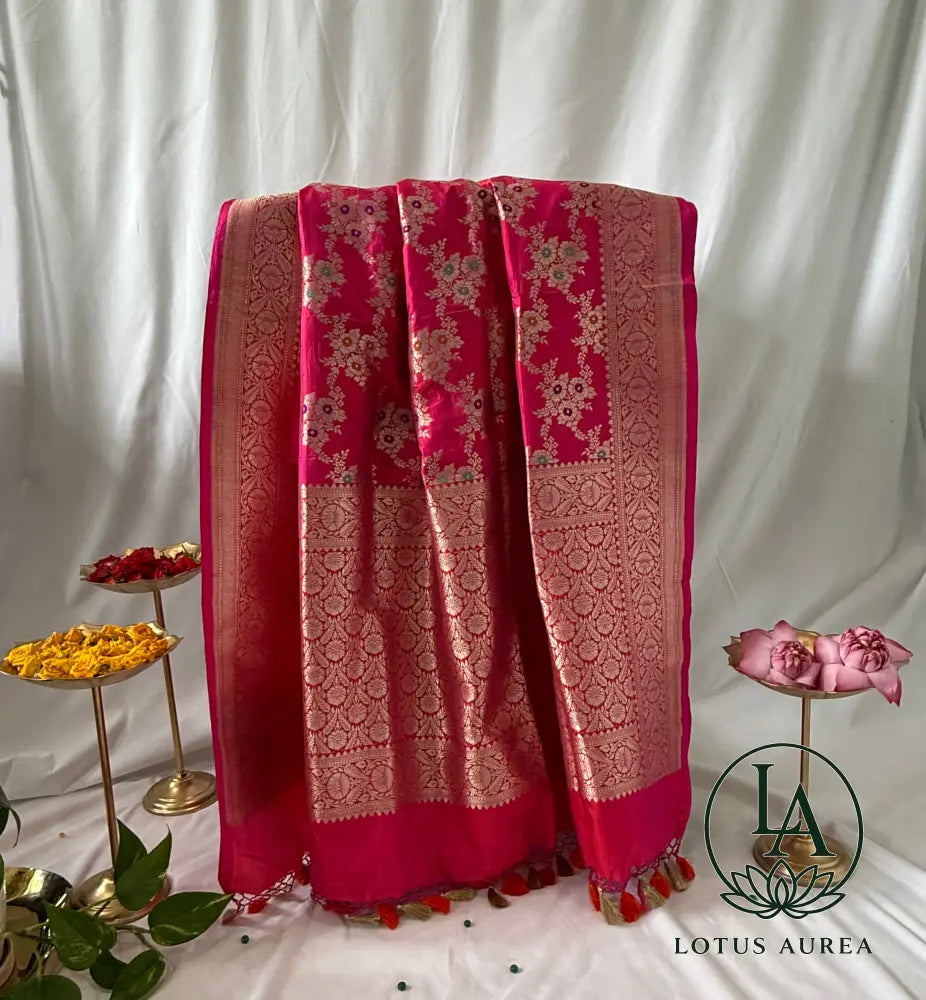 Crimson Empress – Handwoven Pure Banarasi Katan Silk Saree with Jangla Weave & Meenakari Work - Banarasi Jaal weave