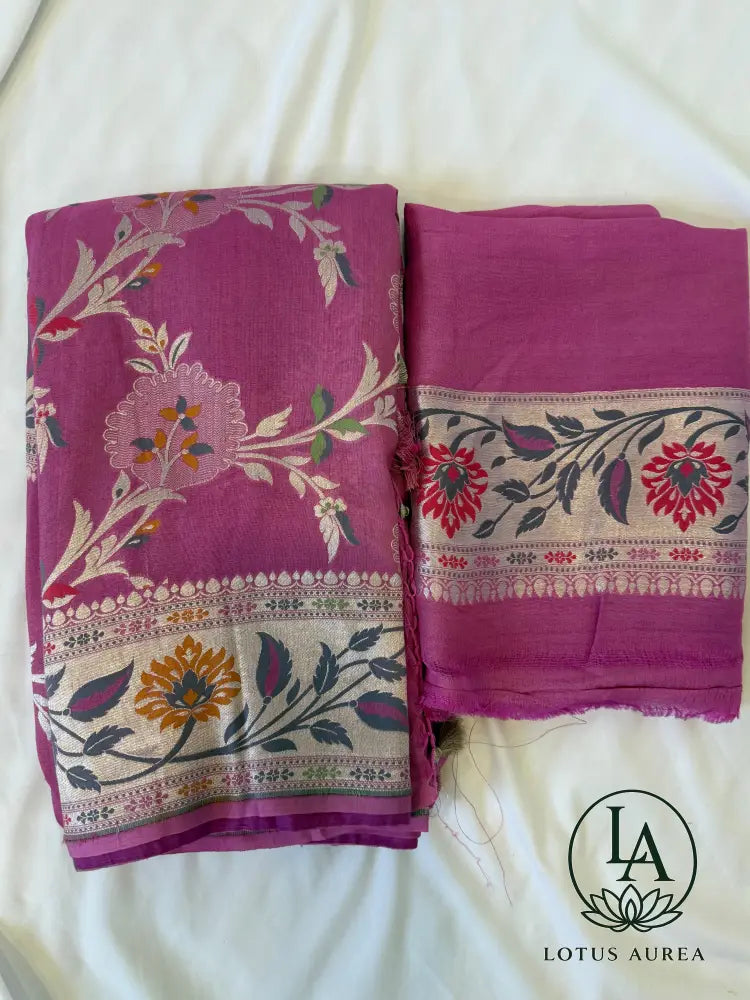 Fuchsia Banarasi Tussar Georgette Meenakari Saree - Banarasi Tussar Silk Saree