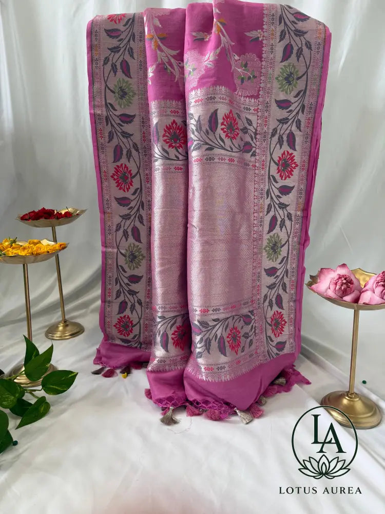 Fuchsia Banarasi Tussar Georgette Meenakari Saree - Banarasi Tussar Silk Saree