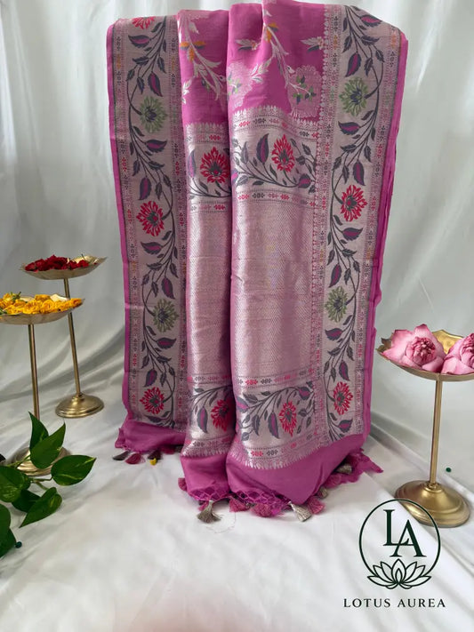 Fuchsia Banarasi Tussar Georgette Meenakari Saree - Banarasi Tussar Silk Saree