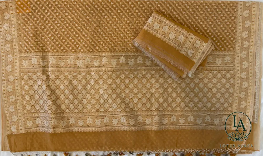 Golden Beige Handwoven Banarasi Cotton Jamdani Saree - Jamdani Saree