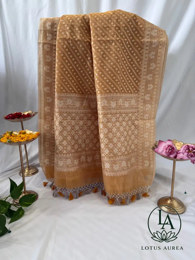 Golden Beige Handwoven Banarasi Cotton Jamdani Saree - Jamdani Saree