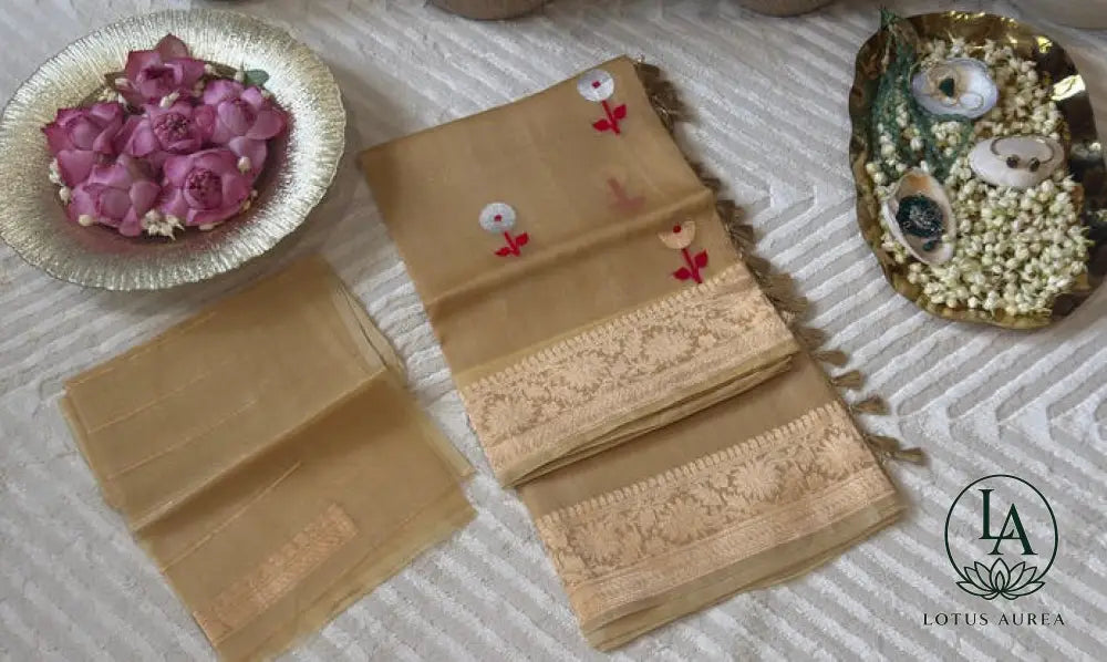 Golden Dawn – Handwoven Kora Banarasi Saree with Silver Zari Motifs & Grand Pallu - Banarasi Organza Saree