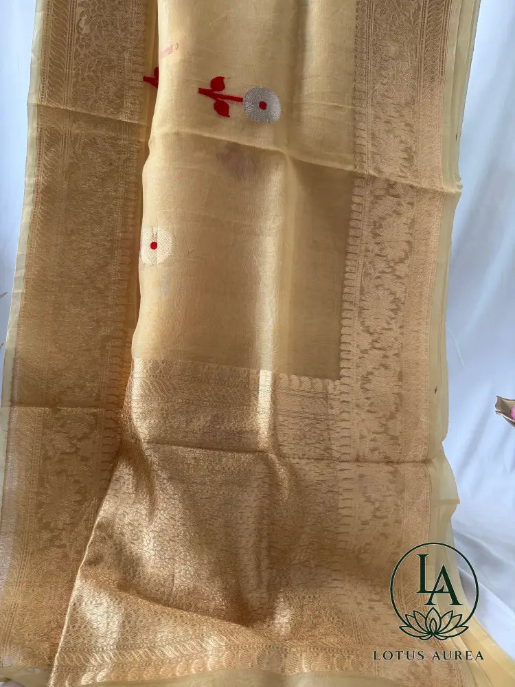 Golden Dawn – Handwoven Kora Banarasi Saree with Silver Zari Motifs & Grand Pallu - Banarasi Organza Saree