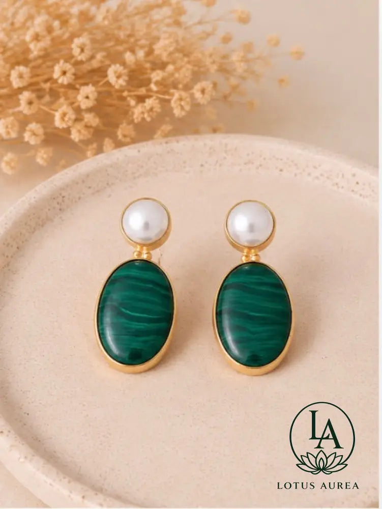 Handmade Pearl & Malachite Dangle Earrings - Earrings